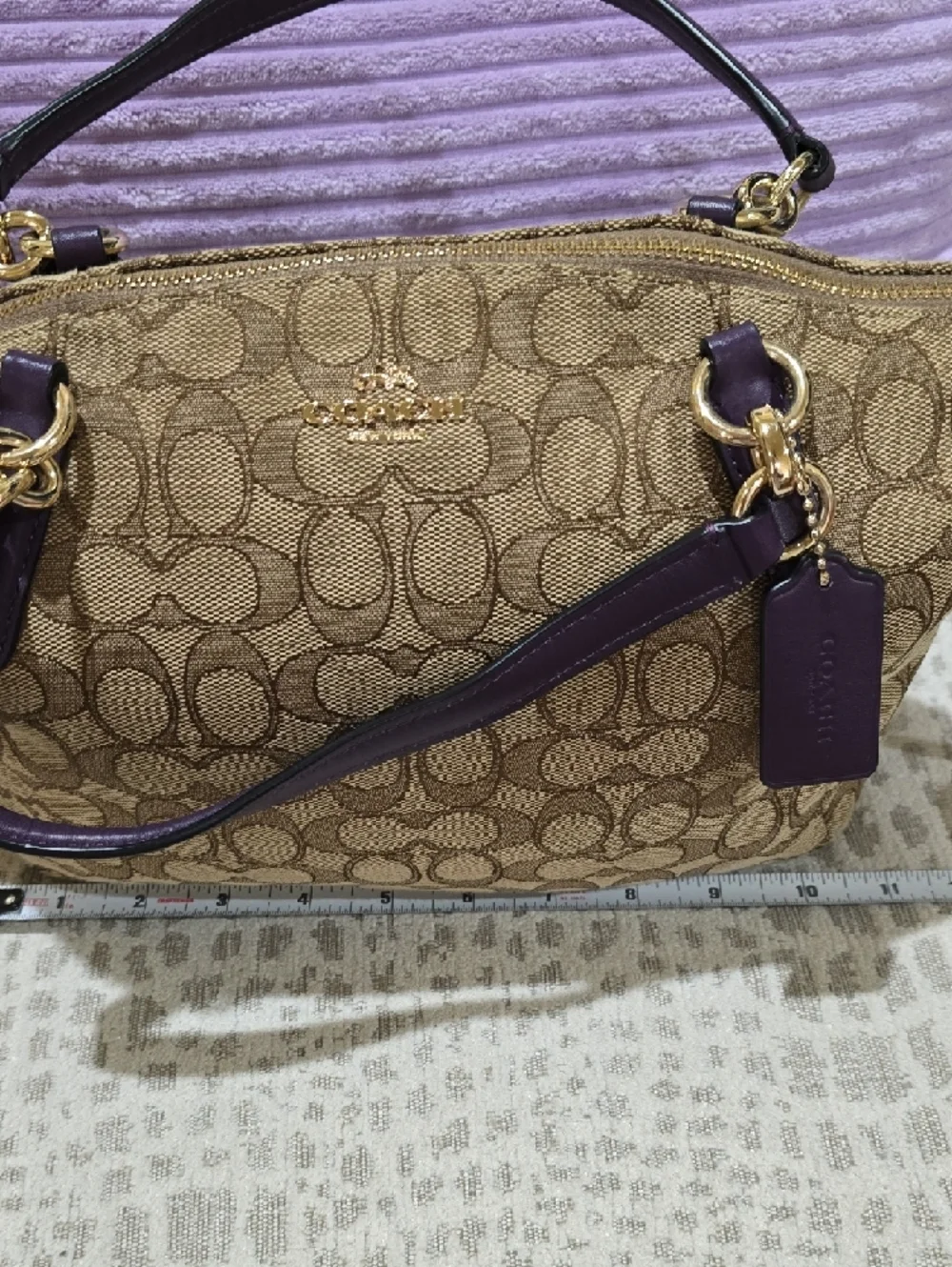 Coach Kelsey Brown Signature Satchel with Purple Leather Accents - Picture 13 of 15